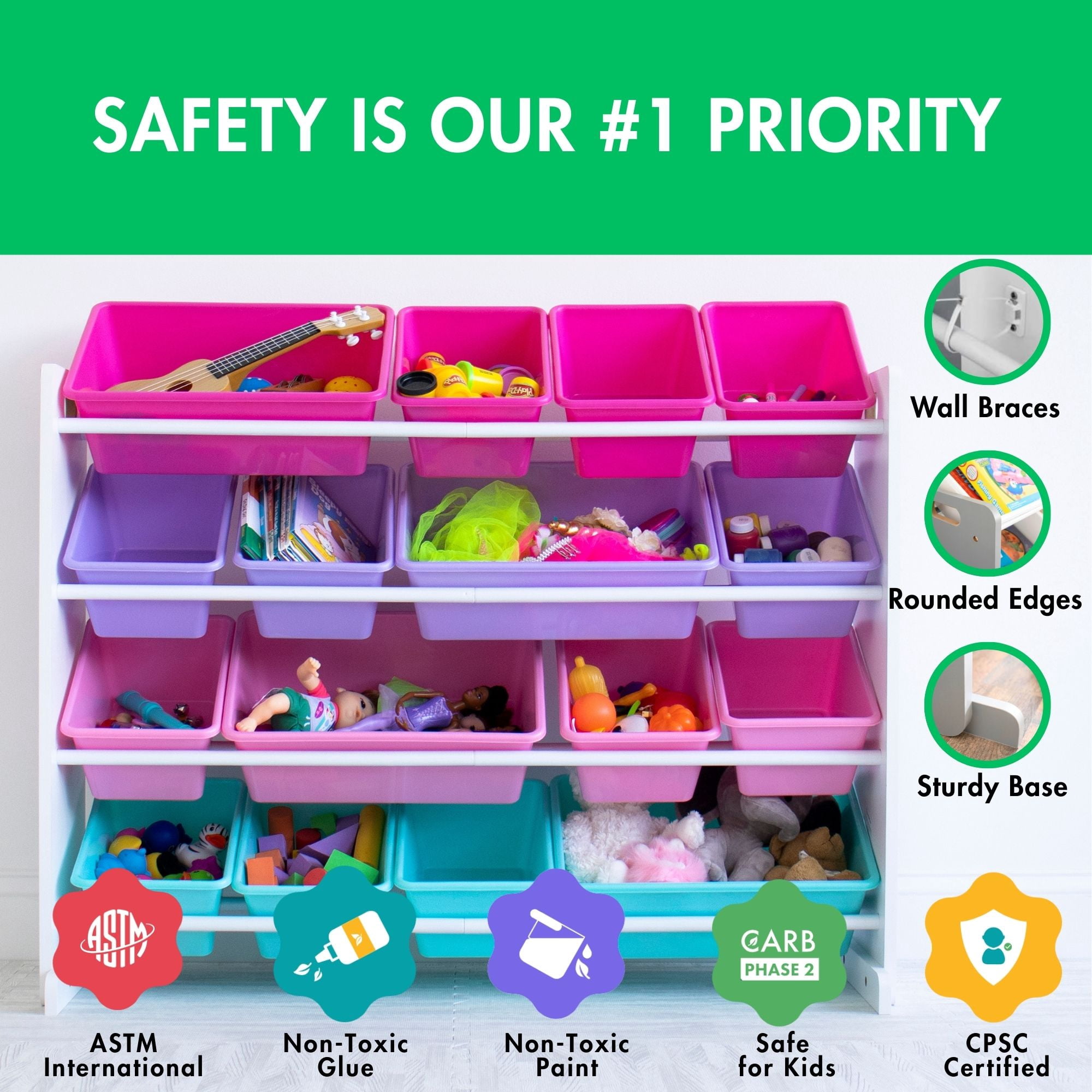 Humble Crew Storage Organizer with 16 Plastic Bins for Kids & Toddlers, White/Blue/Pink/Purple