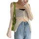 thumbnail image 1 of Apricot L Blusa de manga larga con hombros descubiertos y tela texturizada retro para mujer, camiseta transparente ligera con abertura y cuello en V a la moda de verano, 1 of 8