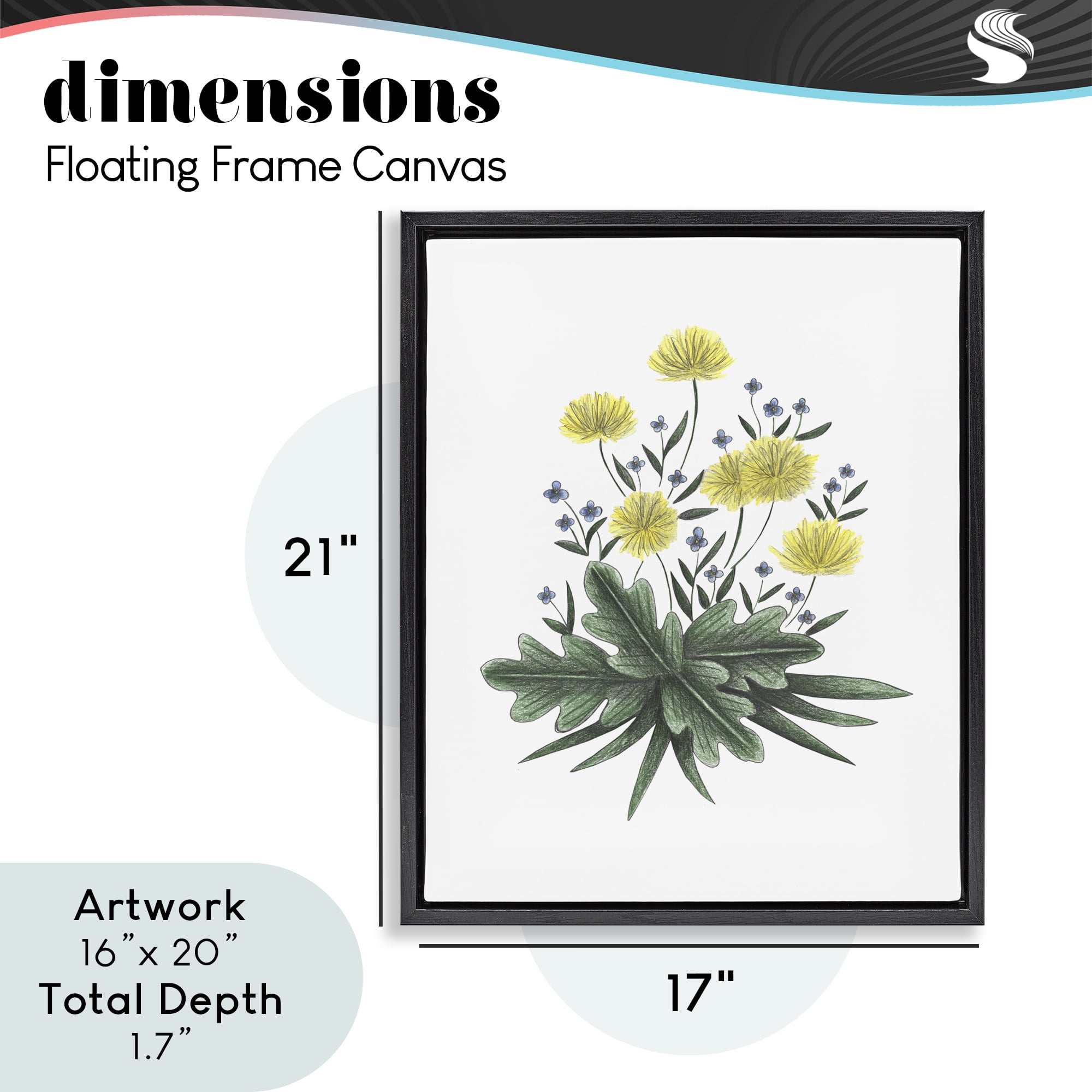 Dandelion Flower Illustration Black Framed Floater Canvas Wall Art, design by Cecilia Battaini