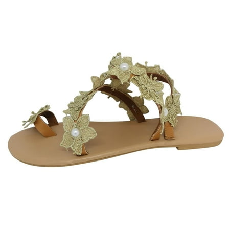 

OAVQHLG3B Women s Sandals on Clearance Women s Summer Slip-On Flowers Flat Beach Open Toe Breathable Sandals Shoes