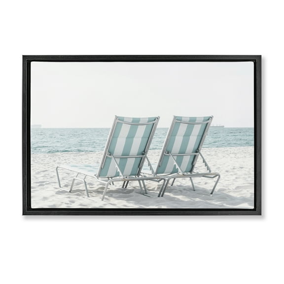 Stupell Industries Blue Beach Chairs Pair Nautical & Beach Photography Black Floater Framed Canvas Art Print Wall Art, 25 x 17