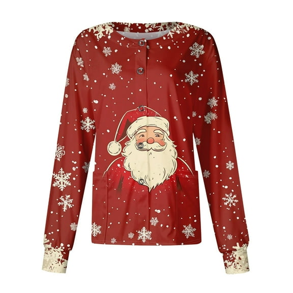 Hearthz Scrubs Jacket for Women Christmas Long Sleeve Nurse Uniforms Snap Front Warm Up Women Scrub Tops with Pockets