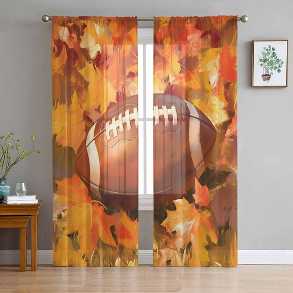 Fall Football Sheer Curtains 72 Inches Long 2 Panels Set, Window Sheer Curtains for Living Room/Bedroom, Thanksgiving Maple Leaf Orange Yellow Light Filtering Rod Pocket Curtain 52'' x 72'' x 2