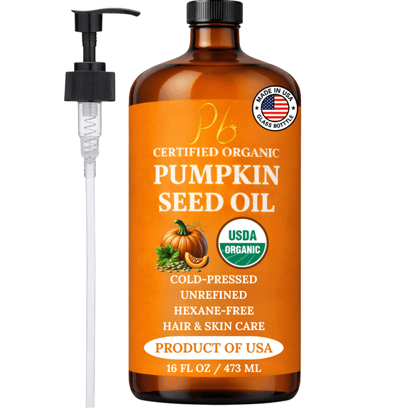 100% Pure Cold-Pressed Moisturizer for Hair and Skin Pumpkin Seed Body Oil Glass Bottle with Pump 16 fl oz