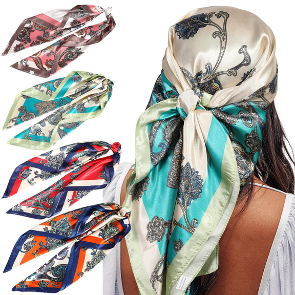 35” Satin Large Square Head Scarves - 4PCS Silk Like Neck Scarf Hair Sleeping Wraps Satin Silk Scarfs for Women