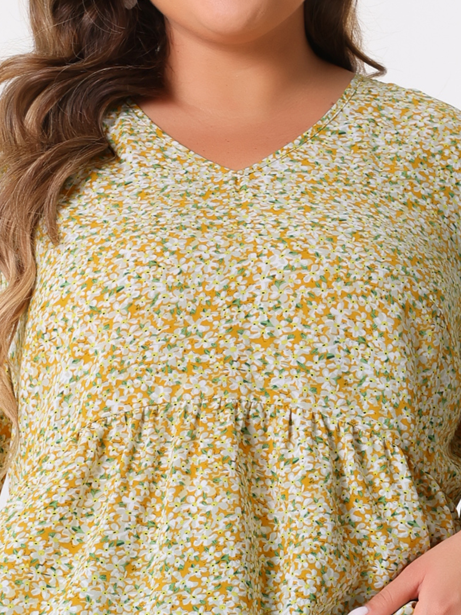 Unique Bargains Women's Plus Size V Neck Flowy 3/4 Sleeve Floral Blouse 2X Yellow
