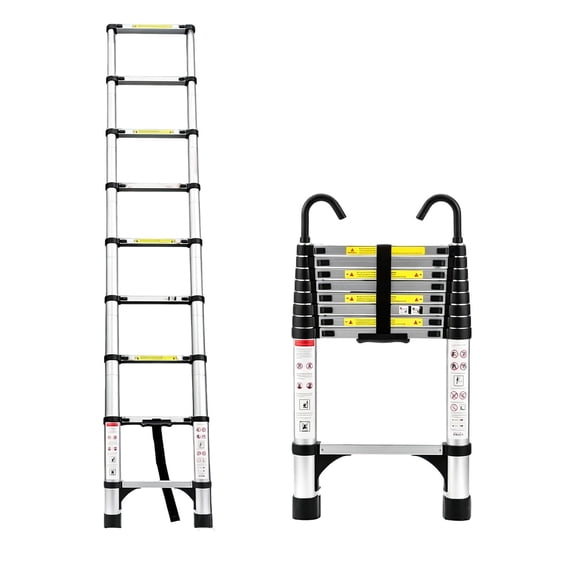 8.5-FT Telescopic Ladder, with Detachable J-Hook, Aluminum Alloy Material, 330-LBS Load Capacity, Non-Slip Pedal & Foot Pad, Light Folding Ladder