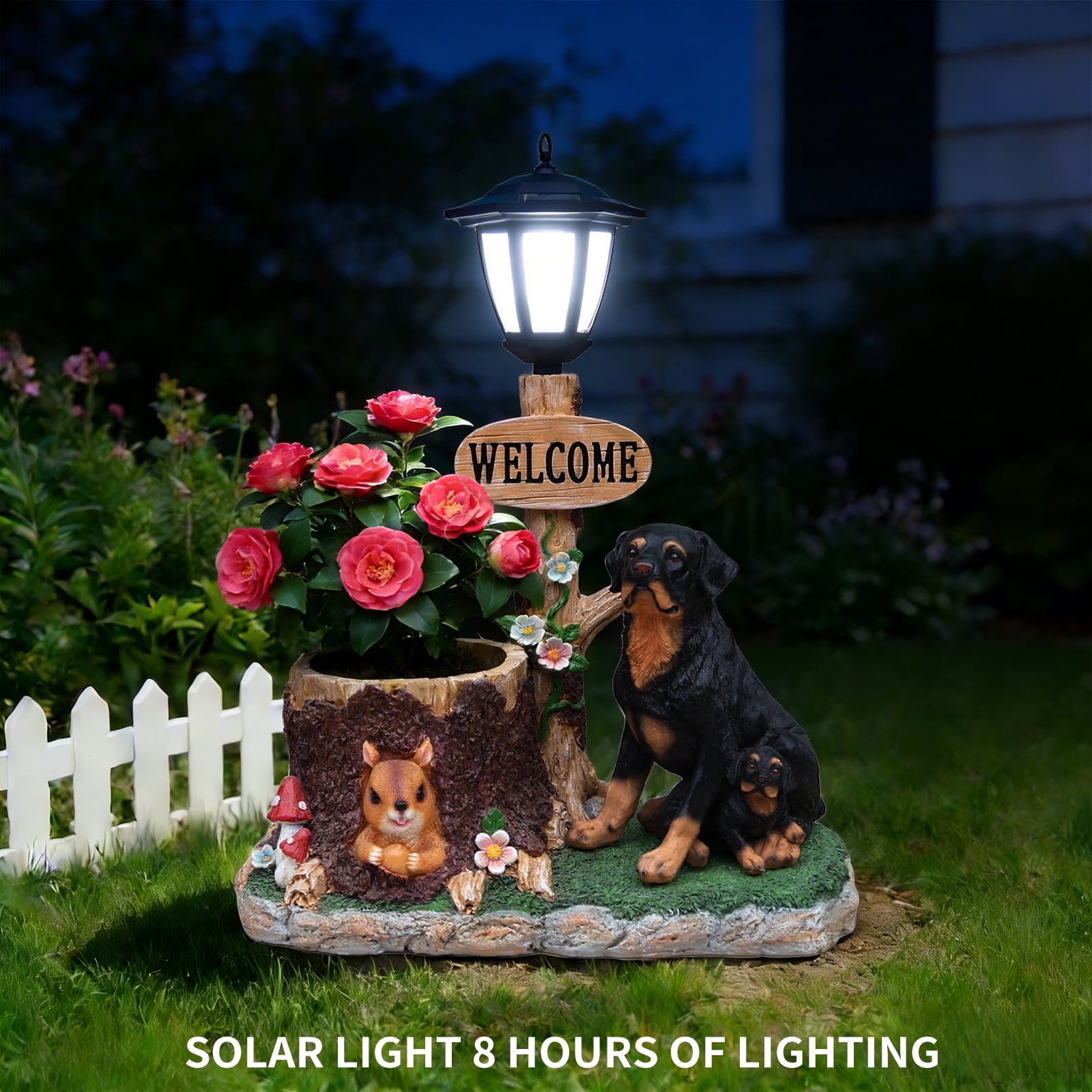 Aukfa Rottweiler Dog Planter Statue with WELCOME Sign & Solar LED Light, Outdoor Garden Balcony Lawn Decor