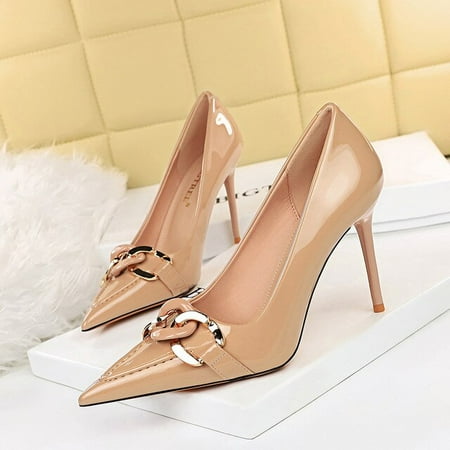 

New Thin High Heels Women Elegant Casual Patent Leather Dress Shoes Pumps Pointed Metal Belt Buckle Fashion Spring Summer Autumn