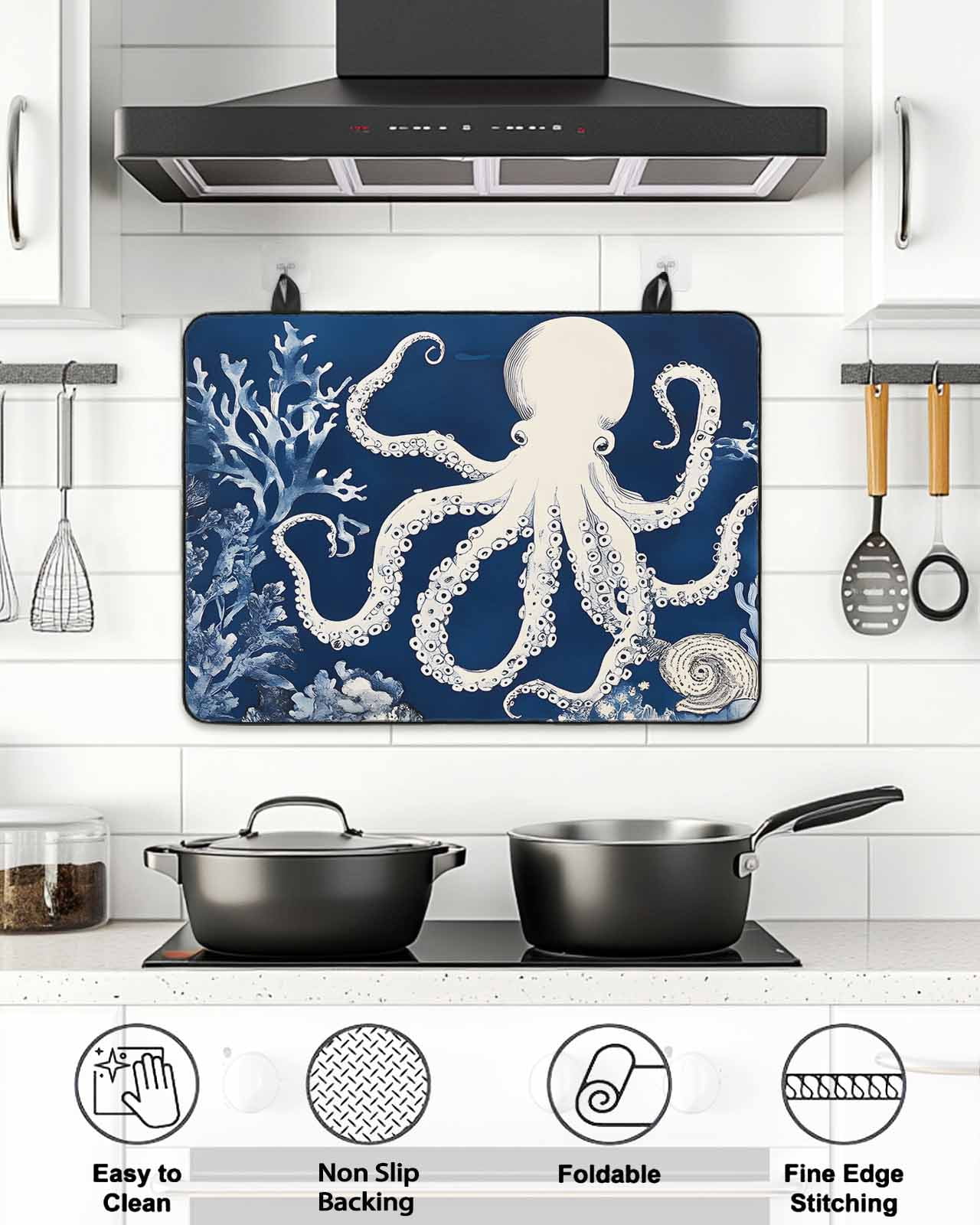 Stove Top Covers for Electric Stove, Beige Octopus Coastal Glass Stovetop Cover Protector, Navy Blue Nautical Ocean Coral Induction Cooktop Protector Oven Mat for Kitchen Countertop 24"x21"