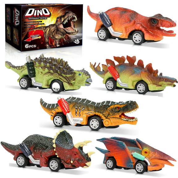 Dinosaur Cars Toy, 6 Pack Pull Back Dinosaur Games 2-in-1 for Boys Girls 1-5 Years