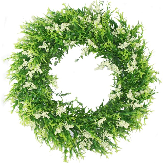 Corona de boj con detalles en lavanda, hojas de plástico verde de 16", decoración duradera para uso en interiores y exteriores, resistente a la decoloración, ambiente para todo el año, perfecta para