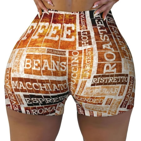 Workout Shorts Women  Hand Drawn Vintage Coffee Biker Shorts for Women Running Gym Spandex Shorts Tummy Control