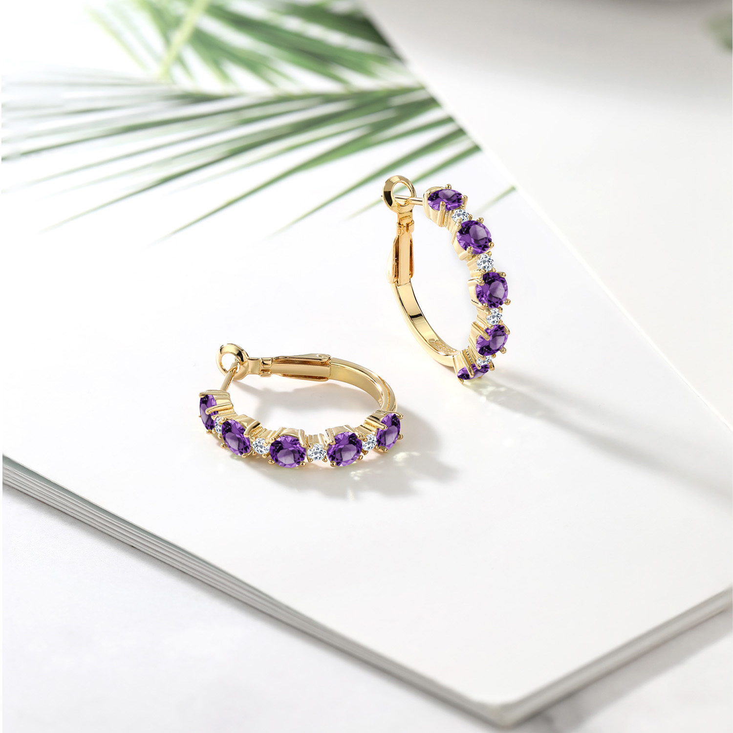 Gem Stone King 18K Yellow Gold Plated Silver Purple Amethyst and White Topaz Hoop Earrings for Women (2.82 Cttw, Round 4MM and 1.9MM, Gemstone Birthstone 1 inch Diameter)