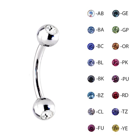 16g (1.2mm) Big CZ Curved Barbell Surgical Steel 1 piece (16gx5/16"x4 (1.2mmx8mmx4mm) (green cz)