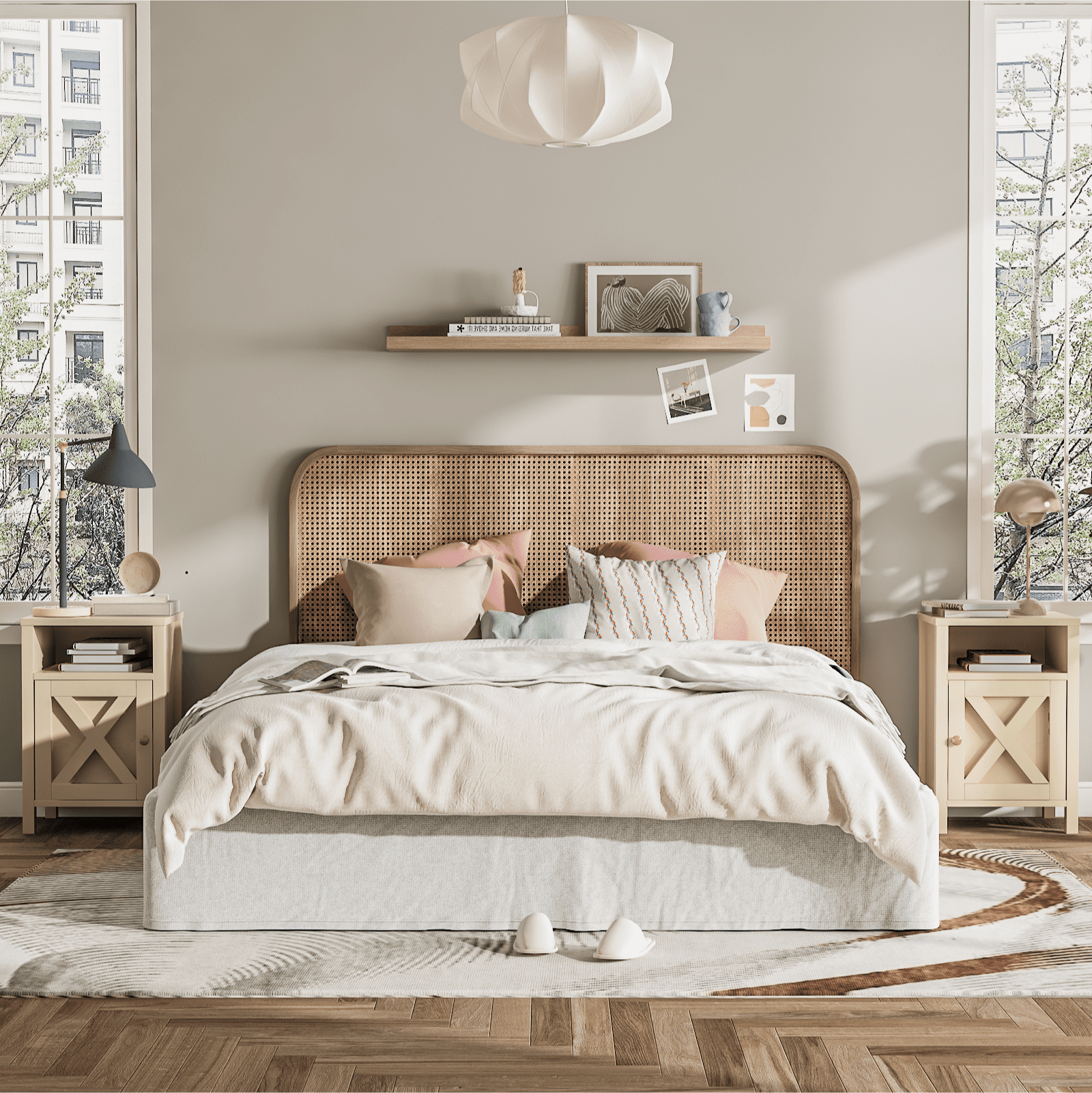 EVOKEDEN Farmhouse Nightstands Set of 2, Rustic Vintage Side End Table w/ Storage & Barn Door for Bedroom Living Room, Beige