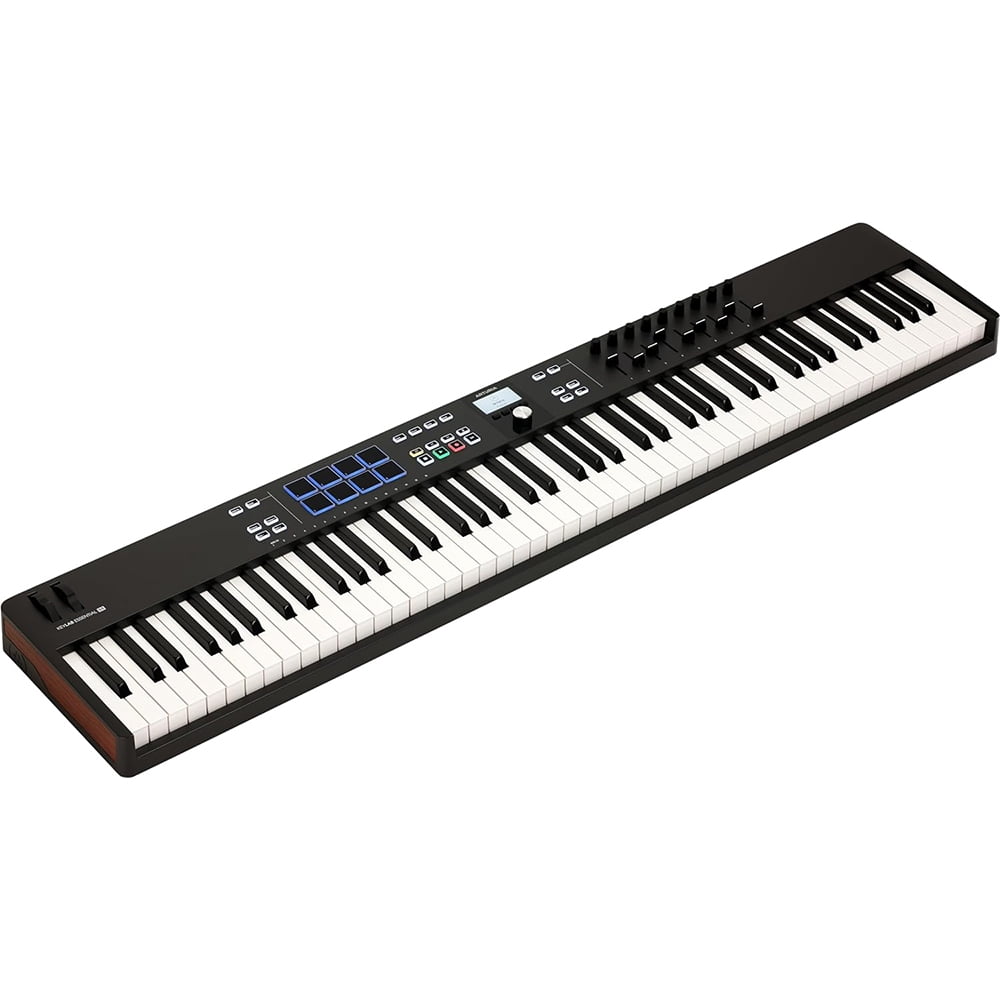 Arturia KeyLab Essential 88 mk3 — 88 key USB MIDI Controller with Software (Black) Bundle with Auray Universal Piano-Style Sustain Pedal, Hosa Black 10' Midi cable and Kaces Keyboard Dust Cover