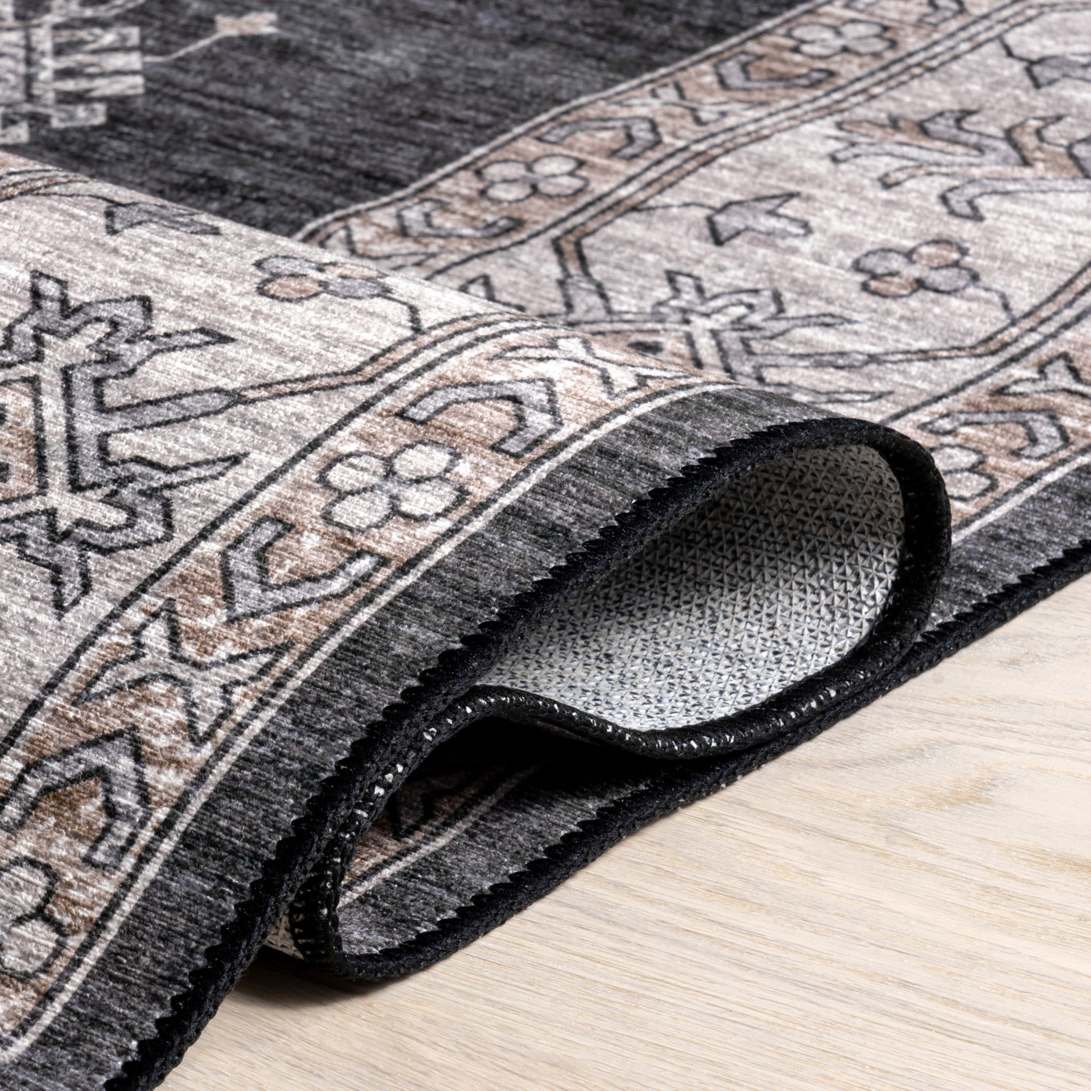 nuLOOM Moxie SplashGuard Traditional Bordered Machine Washable Area Rug, 3' x 5', Moxie Charcoal