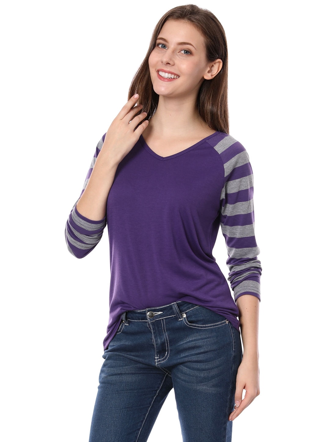 Unique Bargains Women's Long Raglan Sleeves V Neck Striped Tee Shirt