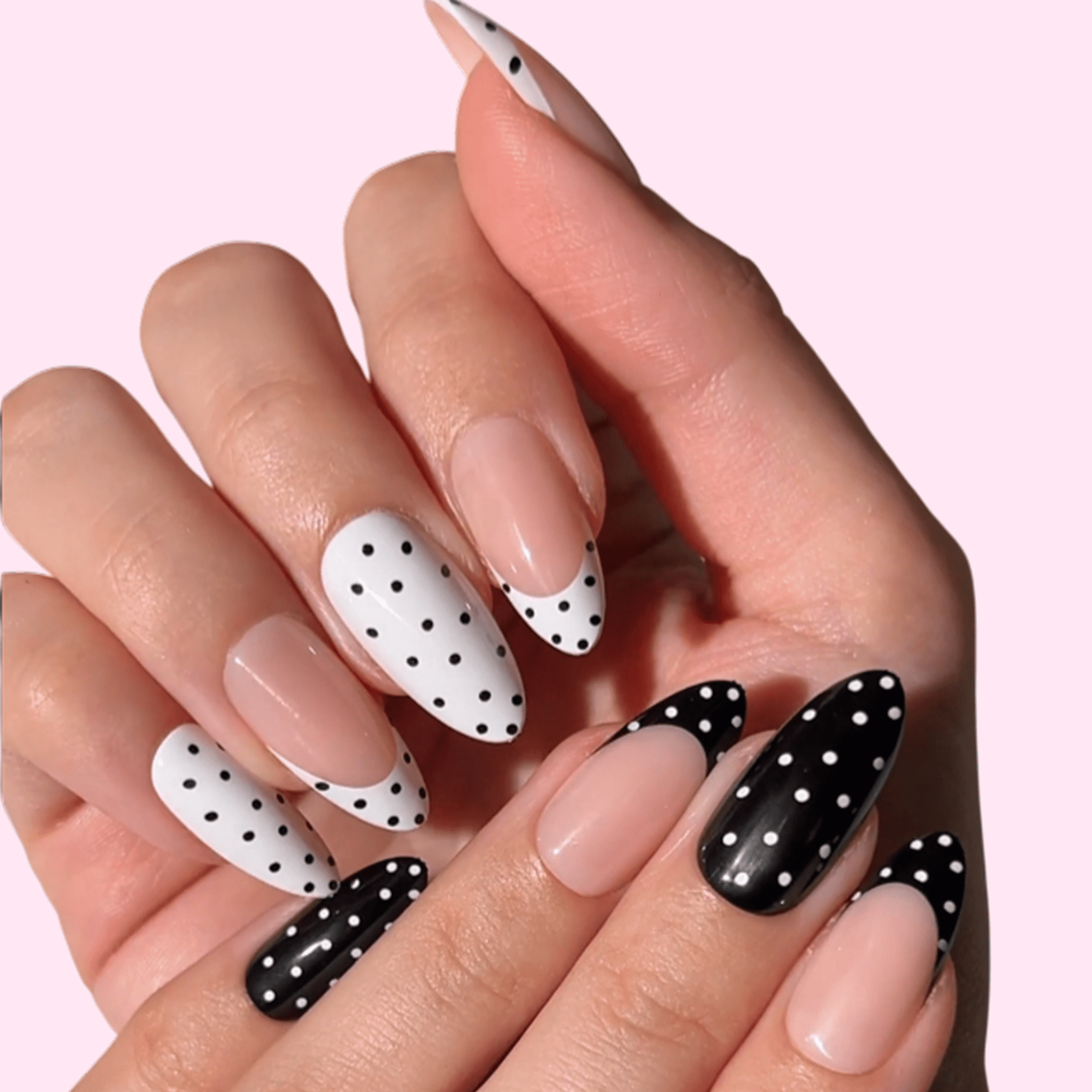 PaintLab Medium Almond Press On Nails, Black White Polka Dot, 30 Count