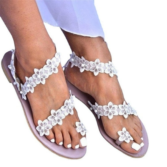 Flat Sandals for Women Toe Ring Clip Toe Lace Flower Pearl Decor Slip on Elegant Non Slip Breathable Summer Roman Sandals Purple