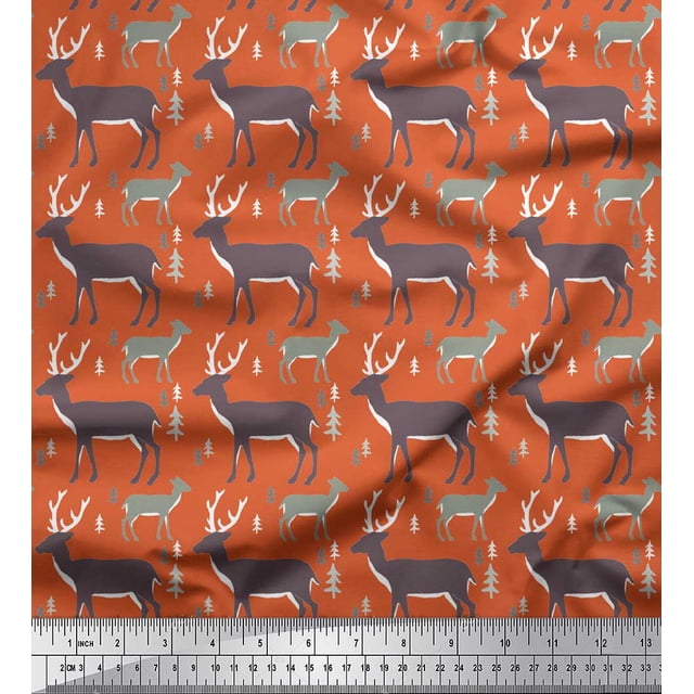 Soimoi Voile de Coton Orange Tissu Imprimé Animal Cerf au Mètre 56 Pouces de Large