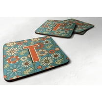 Letter T Flowers Retro Blue Foam Coaster Set of 4