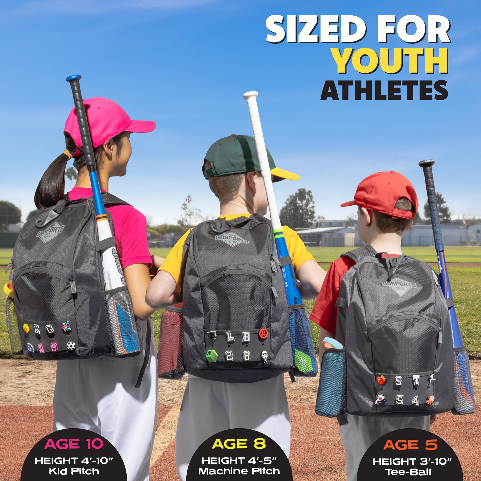 GoSports Youth Baseball and Softball Kids Backpack Bag with Customizable Charm Panel