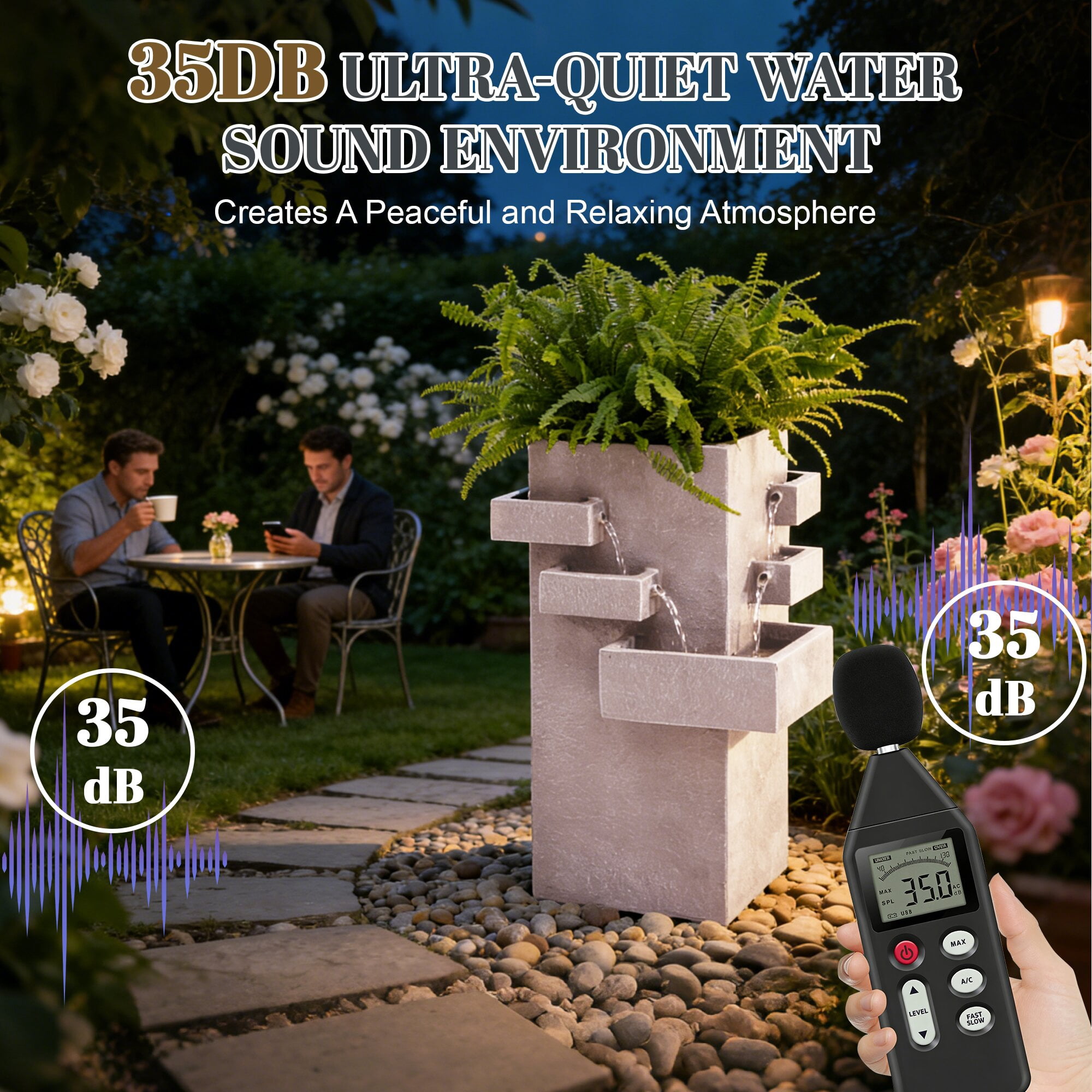 Kaluomm Outdoor Water Fountain 28" Modern Square, Textured Resin Cascading Waterfall for Garden Yard Patio, Beige