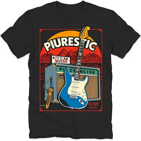 Black T-Shirt with Blue & Vintage Princeton Reverb Graphic Sunset Design