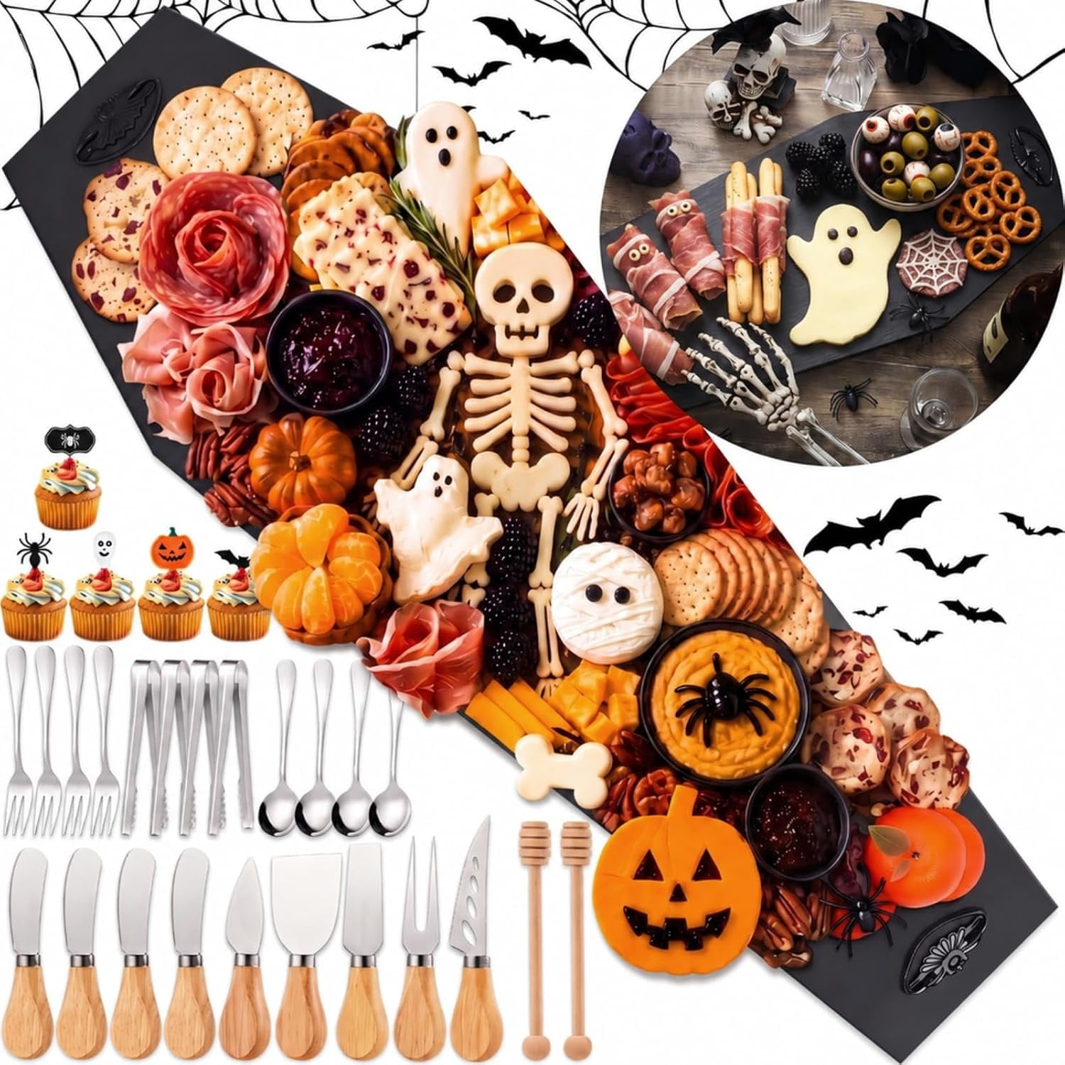 76 count Halloween Coffin Charcuterie Board, Cheese Set, Black