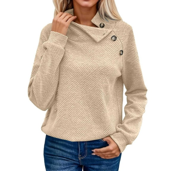 Bmisegm Solid Button High Neck Long Sleeve Casual Hoodless Sweatshirt Sweatshirts for Women for Fashion Top Beige XL
