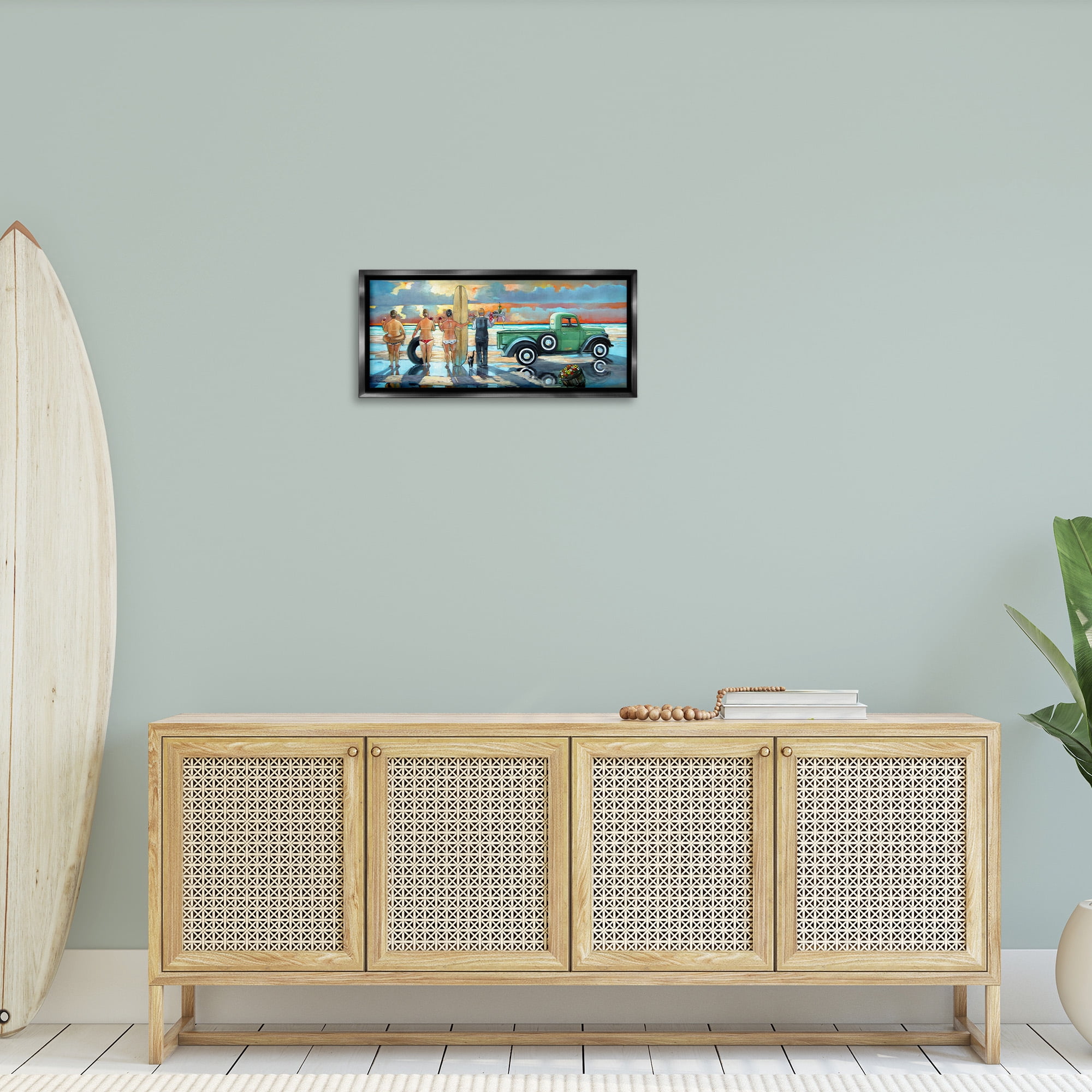 Stupell Industries Butler Serving Beach Girls Scene Nature Painting Black Floater Framed Canvas Art Print Wall Art, 25 x 11