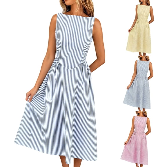 FRSASU Women's Cotton Linen Dress Sleeveless Round Neck Striped Midi Dress Drop Waist Flared Swing Pleated Tank Sundresses Yellow
