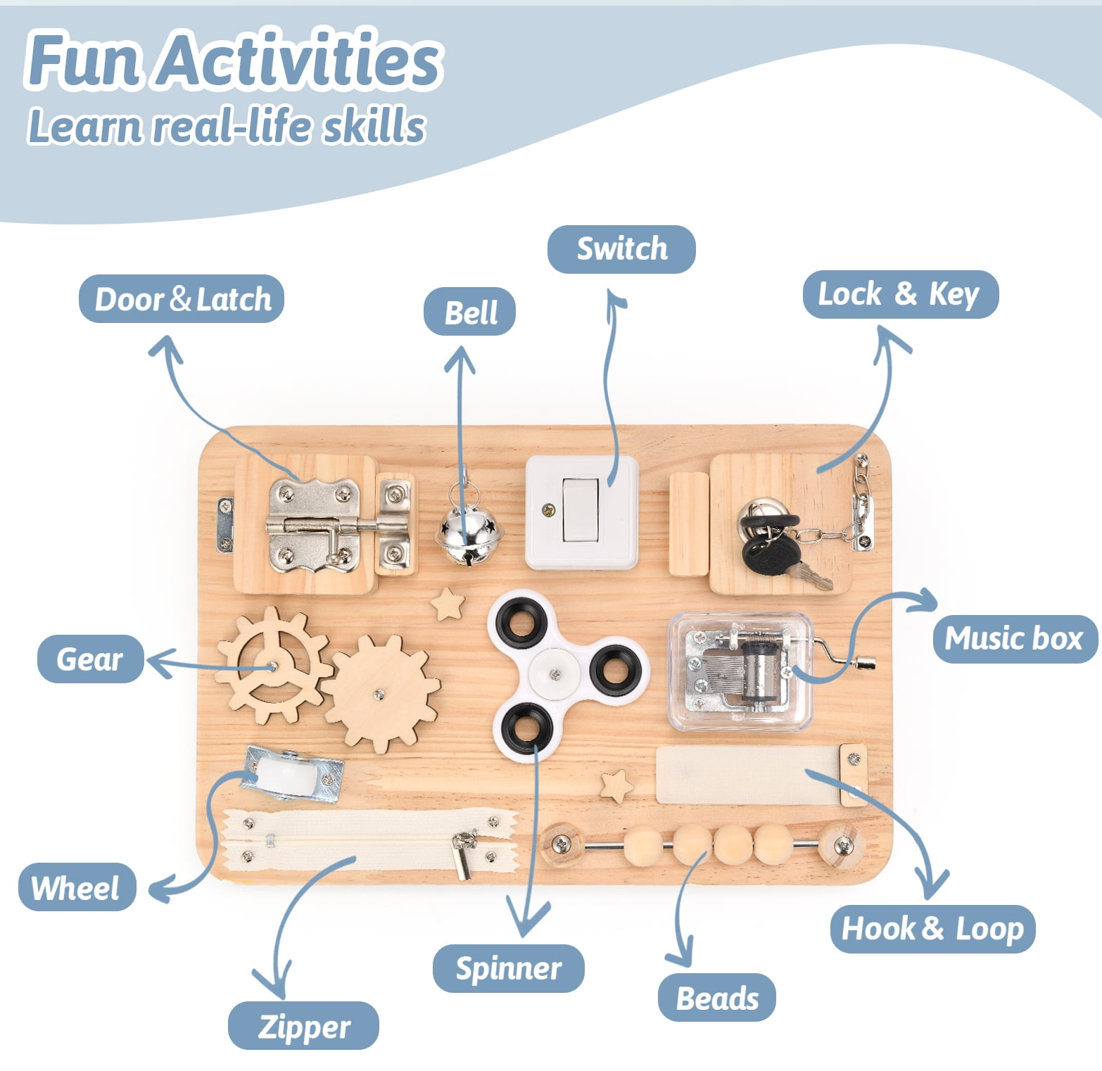 Montessori Wooden Busy Board for Toddlers – Sensory Activity Board Toys for Kids – Fine Motor Skills Educational Fidget Toy – Travel Toy for Baby Boys & Girls – Birthday Gift for Autism & ADHD