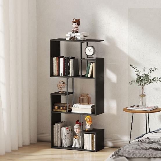 Manxile Geometric Bookcase Wooden Wood S Shape Storage Display Unit Bookcase Bookshelf 3-tier Storage, 51.57" H x 23.62" W, Black Brown