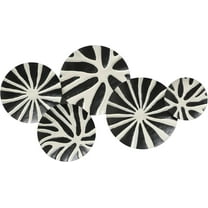 Modernist Home Tribal Bursts Wall Sculpture, Five Attached Black and White Roundels, Lacquered Iron, Hand Made, 22 Inches