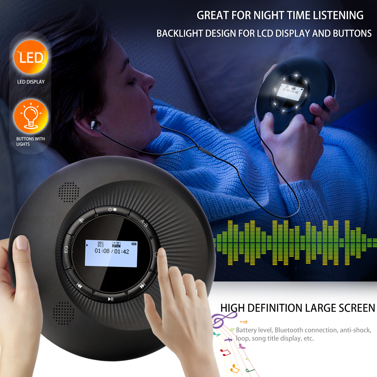 CCHKFEI Portable Bluetooth 1500mAh Rechargeable CD Player,   Portable  CD Player  with Speakers