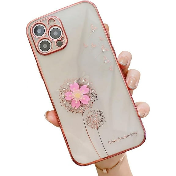 Compatible with iPhone 13 Pro Max Case,Glitter Bling Sparkly Crystal Rhinestone Diamond Dandelion Flower Floral Electro Plated Edge Clear Soft Shockproof Cover Phone Case for Women Girls