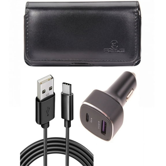 Case Belt Clip & 36W PD Fast Car Charger for iPhone 15 Pro Max - Leather Swivel Holster Cover and 6ft USB-C Cable 2-Port Long Cord Power Adapter K7L for iPhone 15 Pro Max (6.7")
