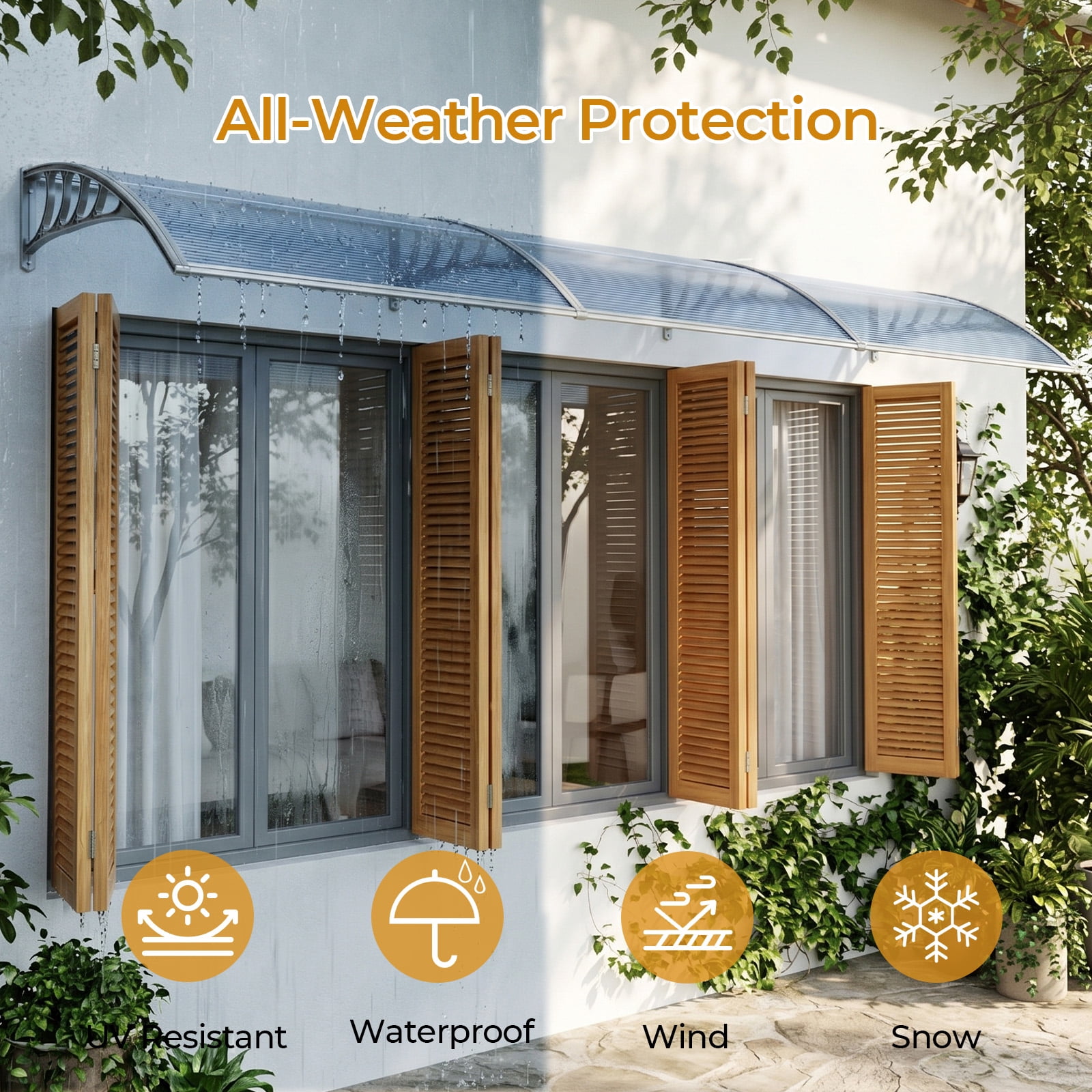 38×120 Inch Clear Polycarbonate Door Window Awning, Rust-Proof PP Bracket & Aluminum Bar Outdoor Rain Snow UV Protection Canopy for Entryway Patio AC Unit