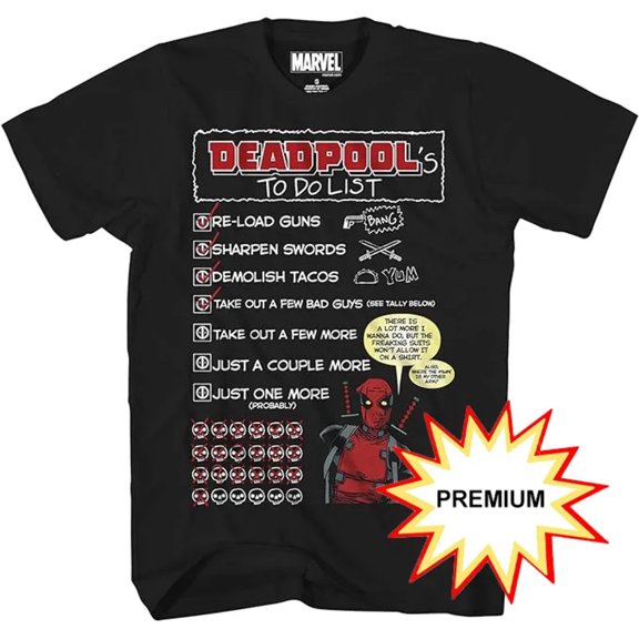 Marvel Deadpool to Do List Adult Mens T-Shirt (Premium Black, Small)