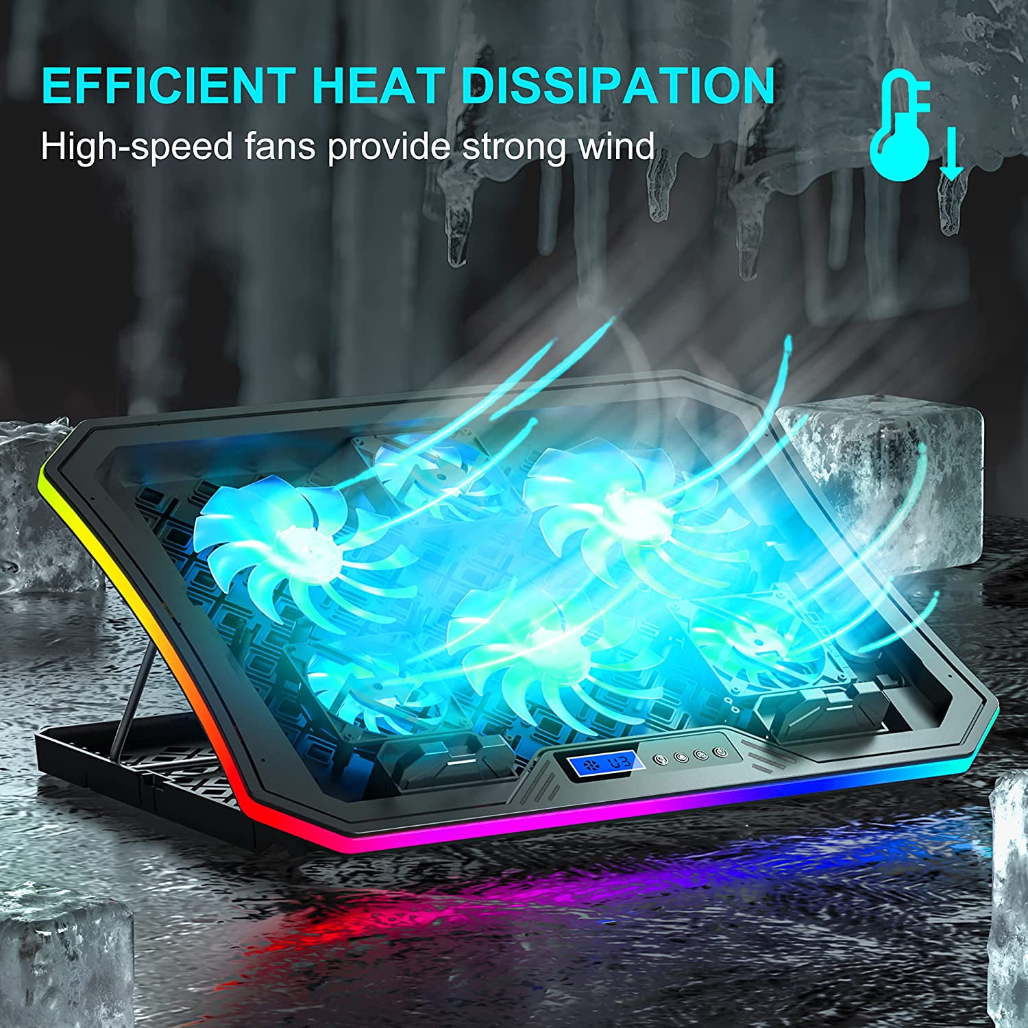 C12 Laptop Cooling Pad RGB Gaming Notebook Cooler for Desk and Lap Use, Fan Stand 8 Adjustable Heights with 6 Quiet Fans Phone Holder, 15.6-17.3 Inch Laptops-Ice Blue LED Light