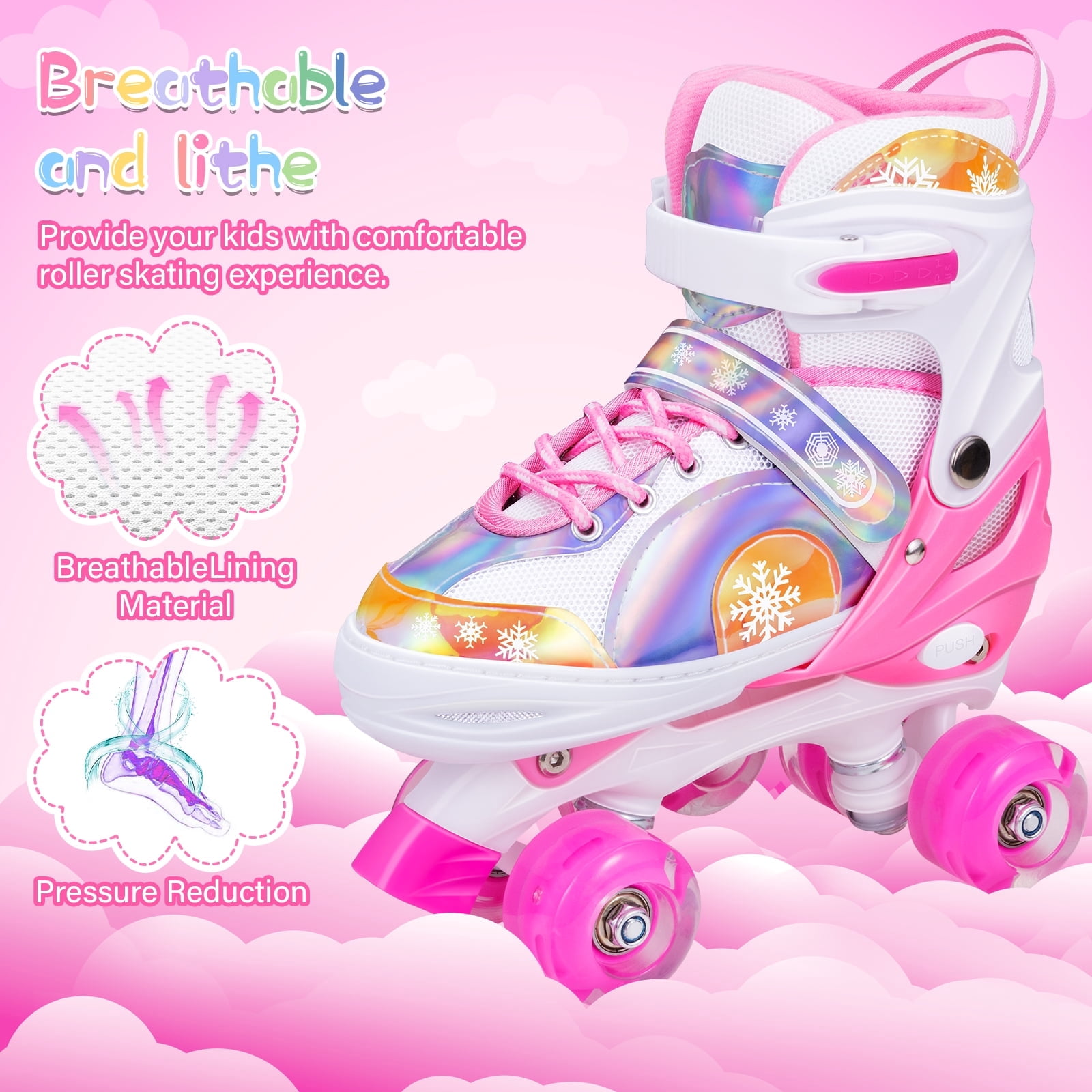 BVIVOK Adjustable Kids Roller Skates for Girls with Light up Wheels, Pink, Size 1-4