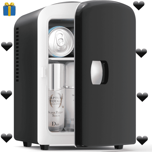Auseo Mini Portable Fridge Personal, Countertop, 4L/6 Cans, Cooler Small Refrigerator, AC/DC, Option for Skincare, Makeup, Drinks, Dorm Room