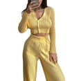 thumbnail image 2 of Traje Informal de Dos Piezas para Mujer, de Punto Liso, con Aberturas, Larga, Botones y Pantalones de Cintura Alta. Amarillo L, 2 of 8