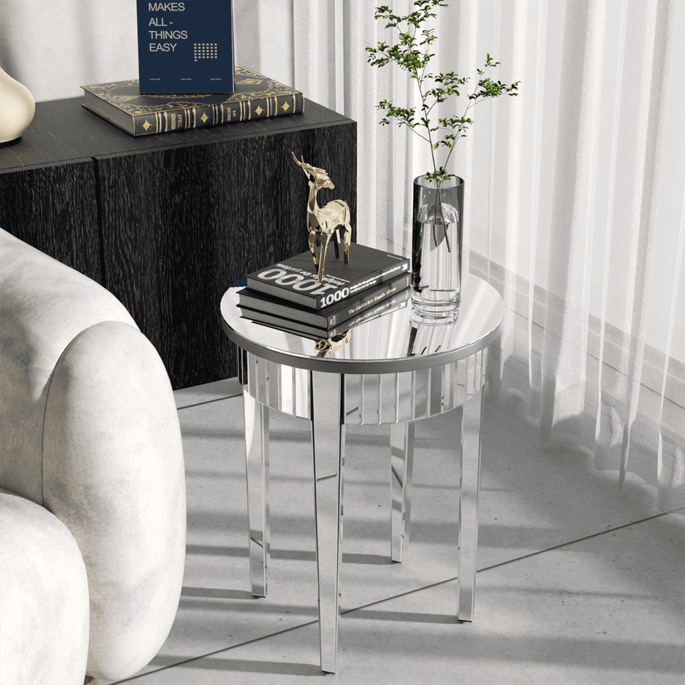 Wisfor Round Mirrored End Table Silver Sofa Side Table Hallway Living Room Furniture, 17.7 inch