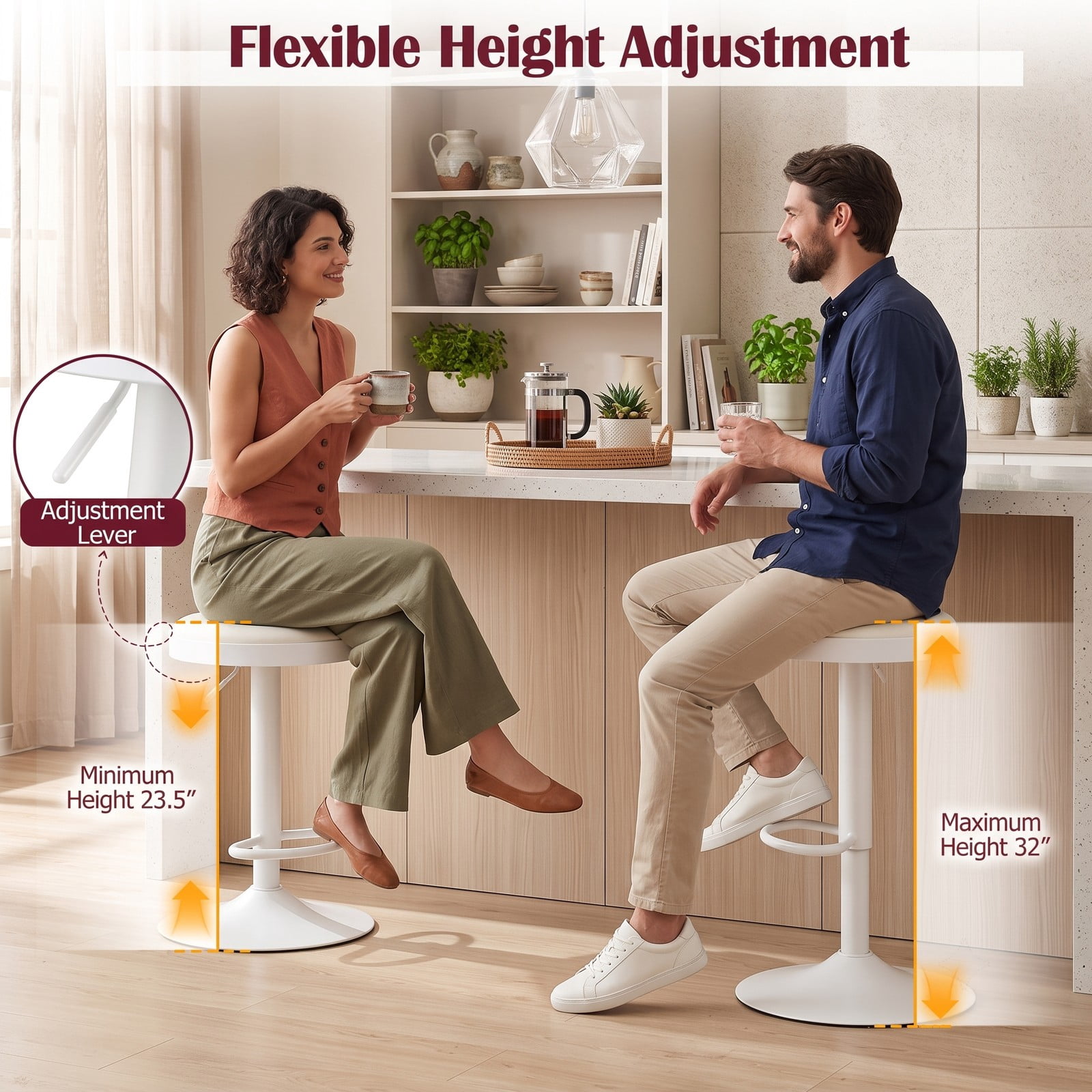 Furnibear Set of 2 Adjustable Kitchen Bar Stools, 360 Swivel Counter Stools with Soft Padded Fabric Seat, D-Shaped Footrest and Non-Slip Base, 330 lb, White