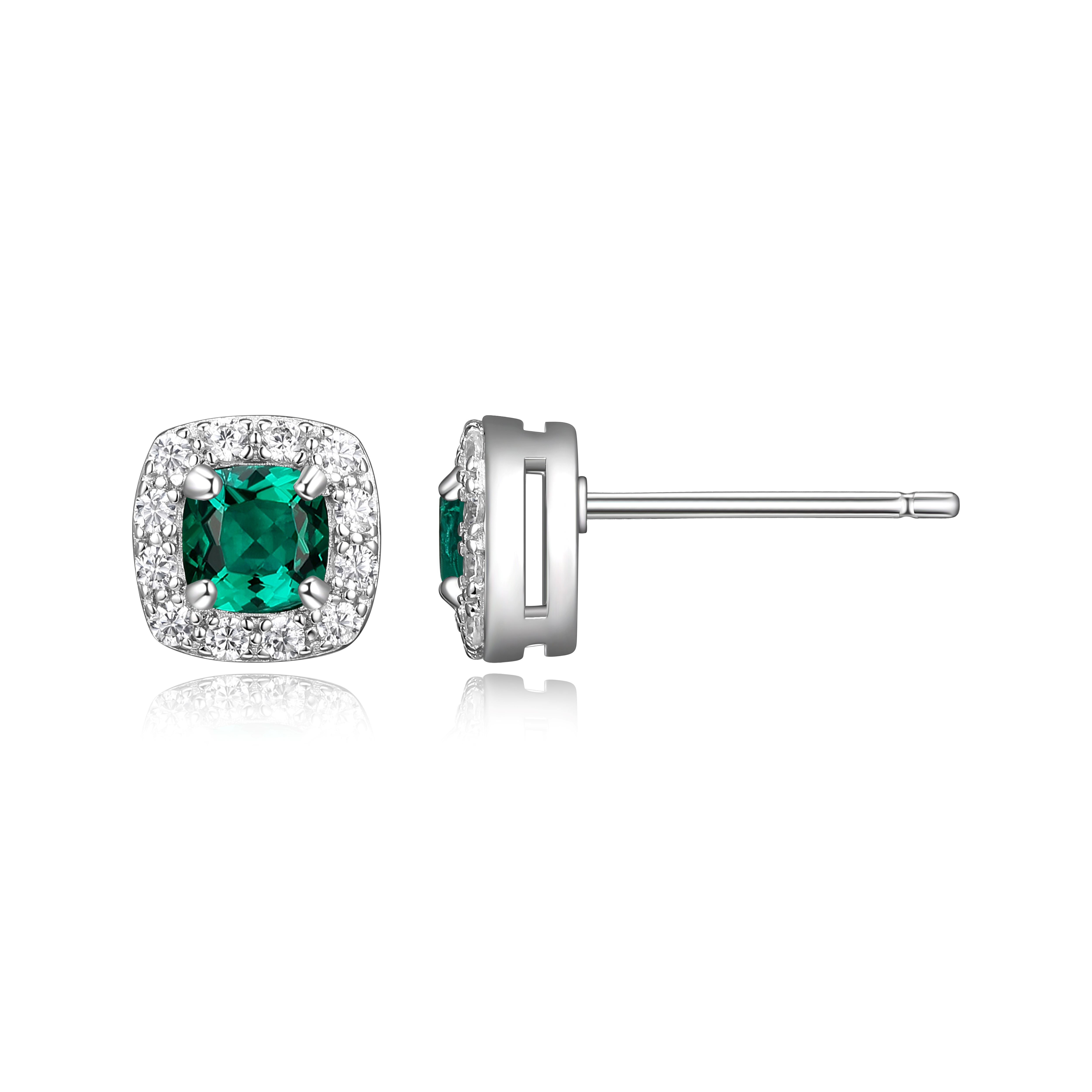 Forever Facets Women's Platinum over Sterling Silver Created Emerald and CZ Stud Earrings