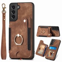 Allytech Galaxy S21 Case Wallet, RFID Blocking Multiple Cards Slots Ring Holder Stand Shockproof Protective Hand Wrist Wallet Case Cover for Samsung Galaxy S21 - Brown